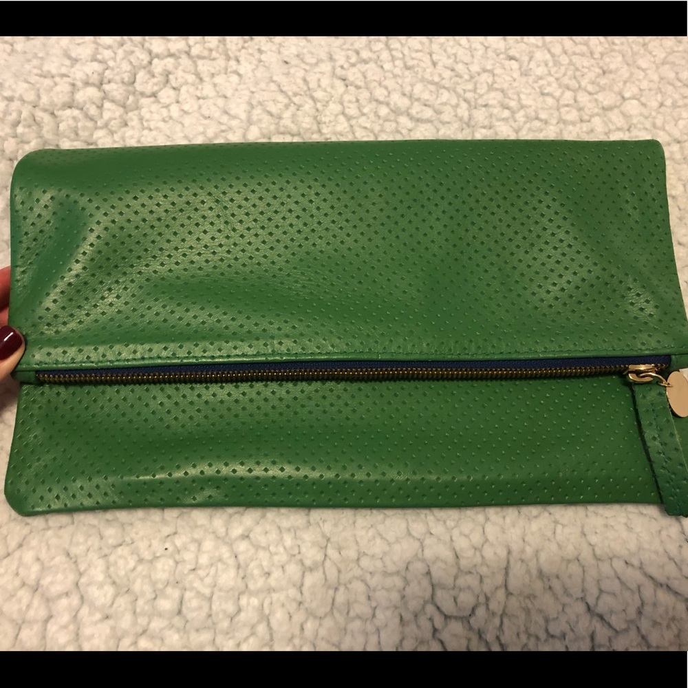 Clare V green perforated foldover clutch